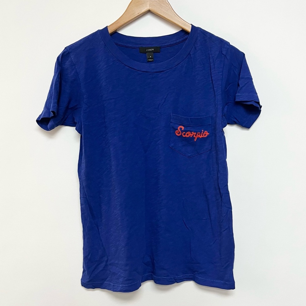 J. Crew Scorpio Embroidered T-Shirt Blue Front Pocket Short Sleeve 100% Cotton